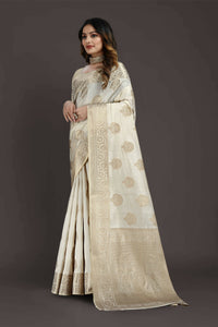 Thumbnail for Off White Pure Raw Silk Zari Woven Saree with Unstitched Blouse Piece - Alisha - Distacart