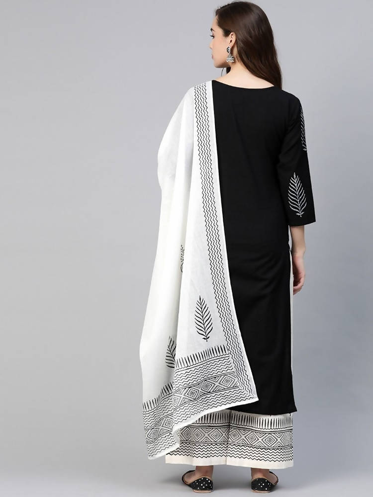 Yufta Women Black & White Yoke Design Thread Work Cotton Kurta with Palazzo & Dupatta