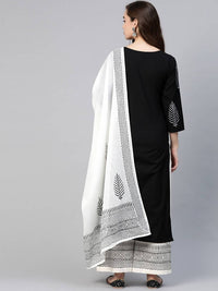 Thumbnail for Yufta Women Black & White Yoke Design Thread Work Cotton Kurta with Palazzo & Dupatta
