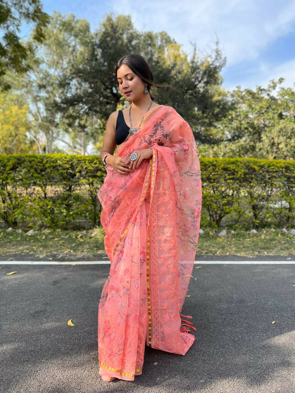Vamsee Peach Organza Saree - Distacart