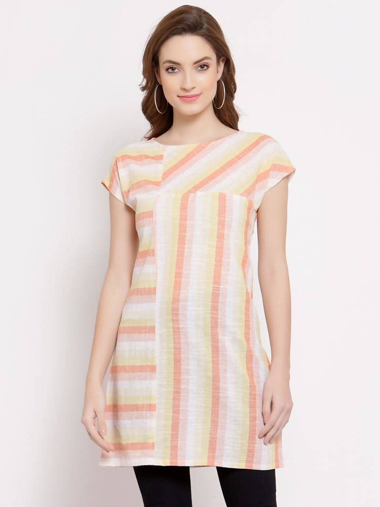 Myshka Women's Yellow Cotton Short Sleeve Round Neck Printed Casual Top