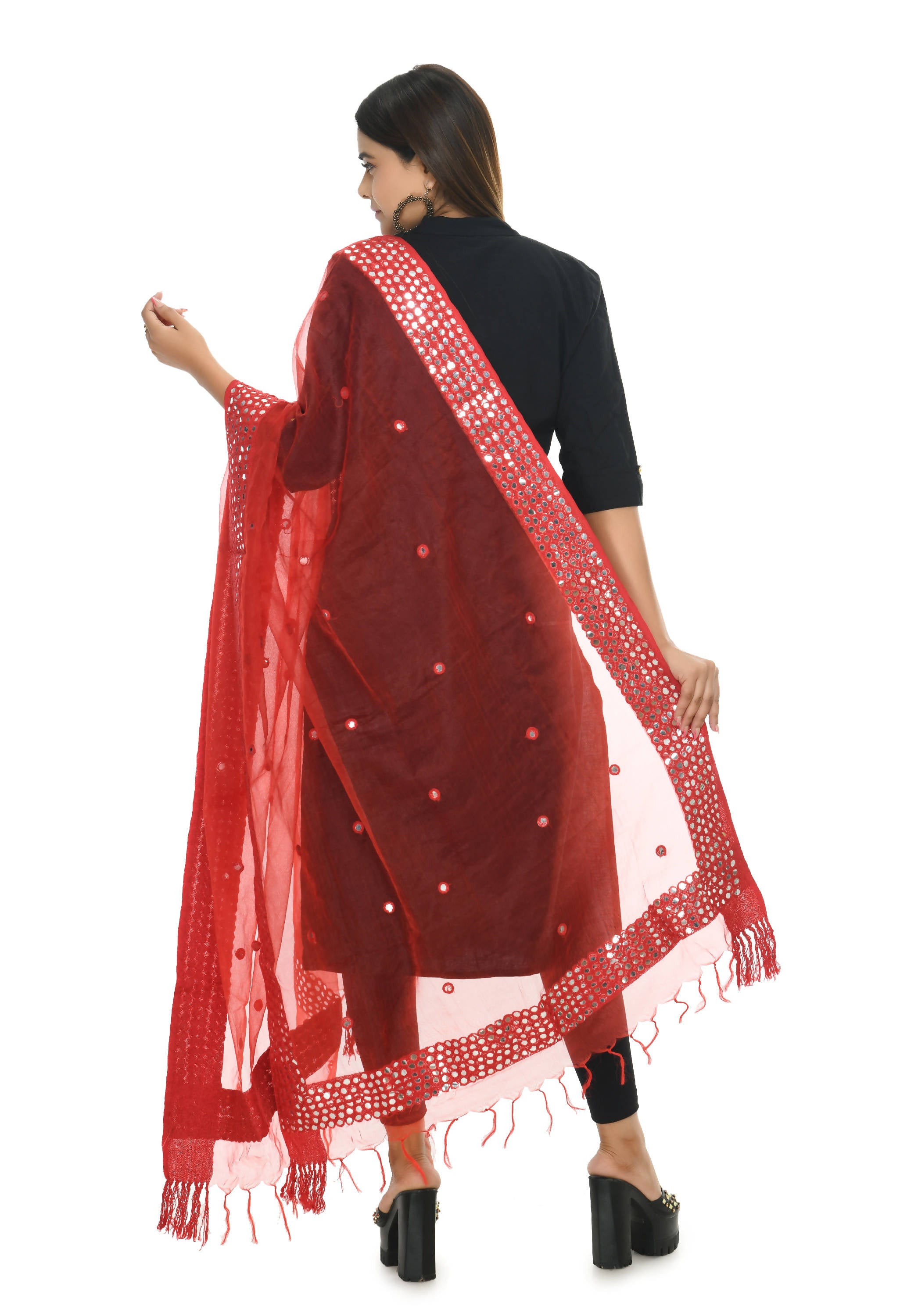 Mominos Fashion Moeza 6 Line Mirror Border Red Dupatta - Distacart