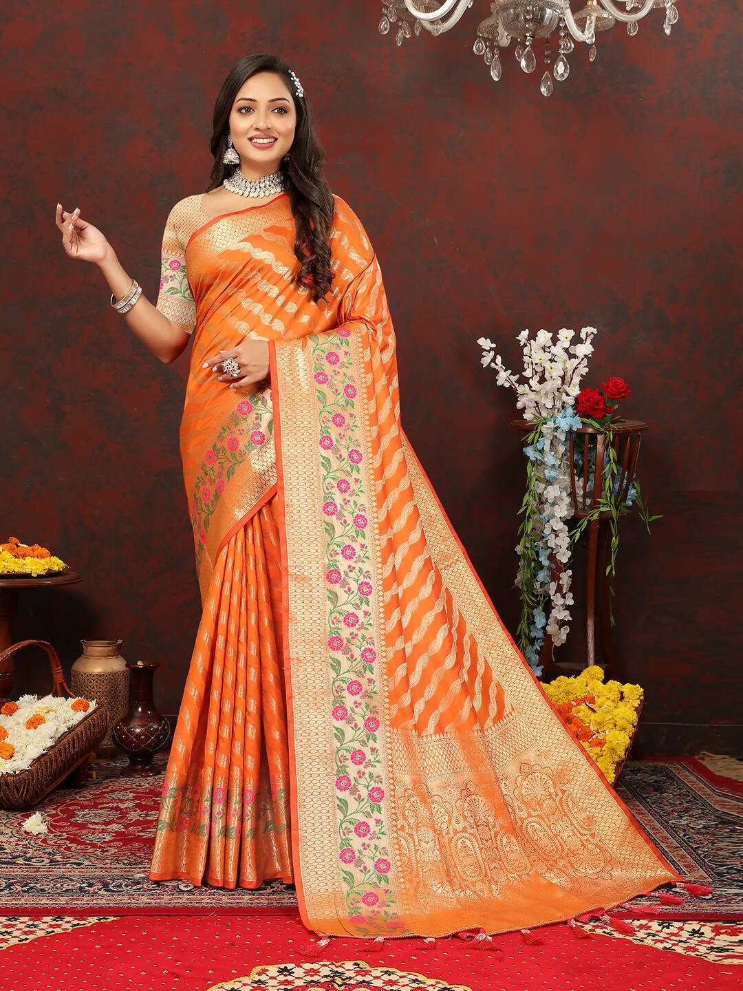 Lorenvalley Fashion Orange Soft Silk Woven Design with Zari Weaving Leheriya Design Saree - Distacart