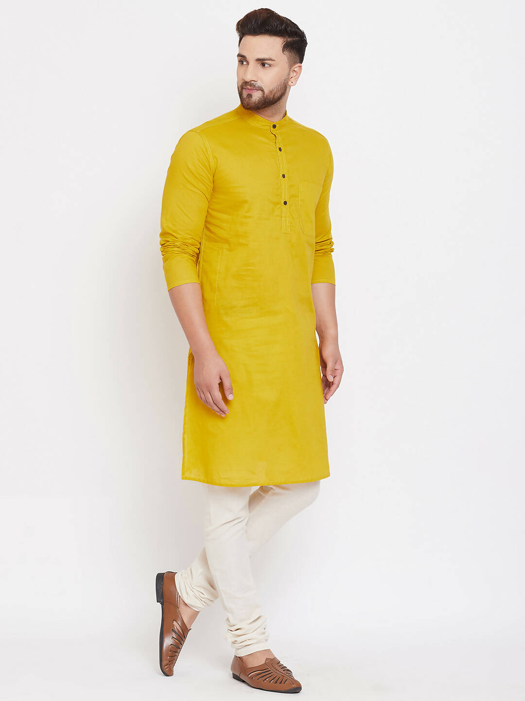 Even Apparels Pure Cotton Yellow Men's Kurta With Band Collar - Distacart
