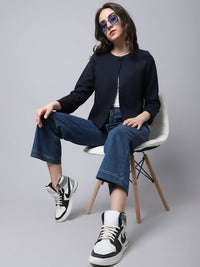 Thumbnail for Even Apparels Navy Polywool Open Front Statement Women's Jacket - Distacart