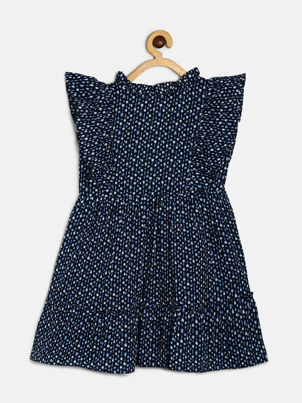 Manet Girls Cotton Frill Sleeve Frock Flower Print - Blue - Distacart