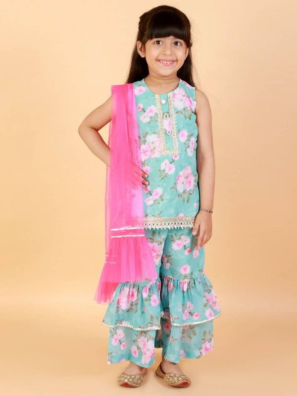 Lil Drama Girls Kurta With Sharara & Dupatta Set - Blue - Distacart