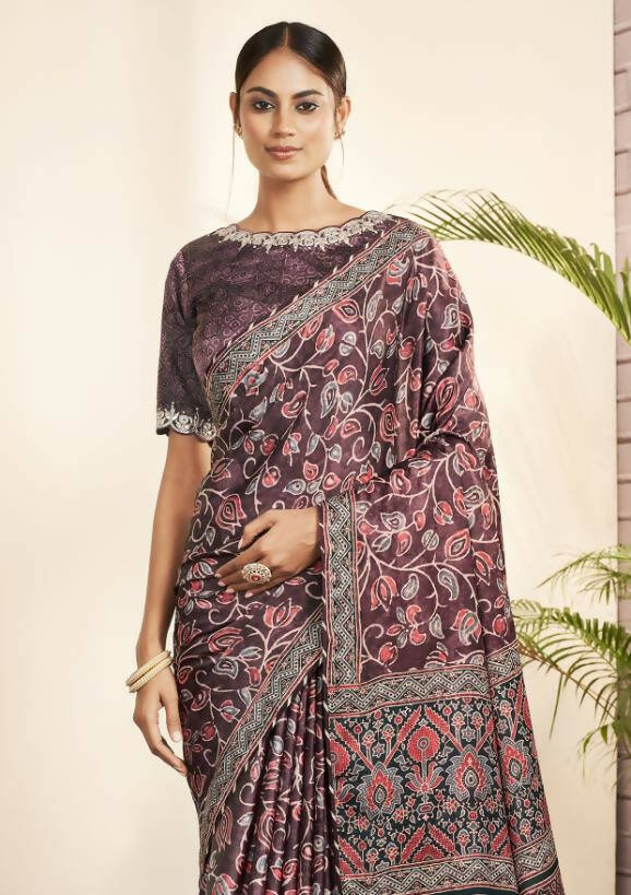 Purple Gajji Silk Floral Print with Hand work Border Saree - Norita Nirvi - Distacart