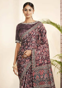 Thumbnail for Purple Gajji Silk Floral Print with Hand work Border Saree - Norita Nirvi - Distacart
