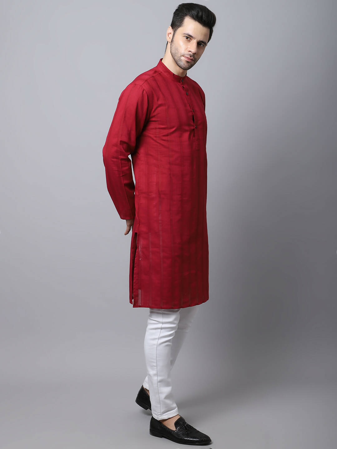 Even Apparels Maroon Pure Cotton Men's Kurta With Band Collar - Distacart