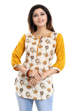 Thumbnail for Snehal Creations Cream Cotton Printed Apple-Cut Short Tunic - Distacart