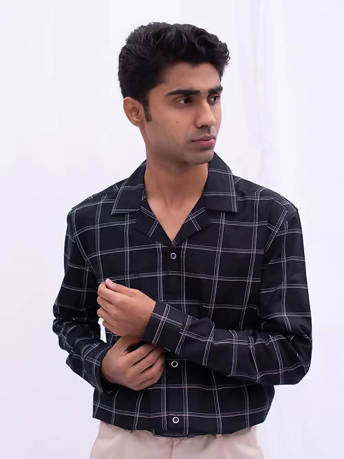 Diva Globe Cotton Black Checkard Lapel Collar Shirt - Distacart
