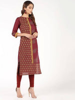 Thumbnail for Aniyah Cotton Block Printed Maroon Straight Kurta (AN-141K)
