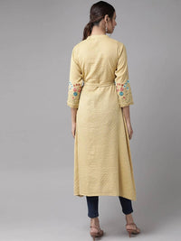 Thumbnail for Yufta Women Beige & Off White Striped Thread Work A-Line Kurta With Belt