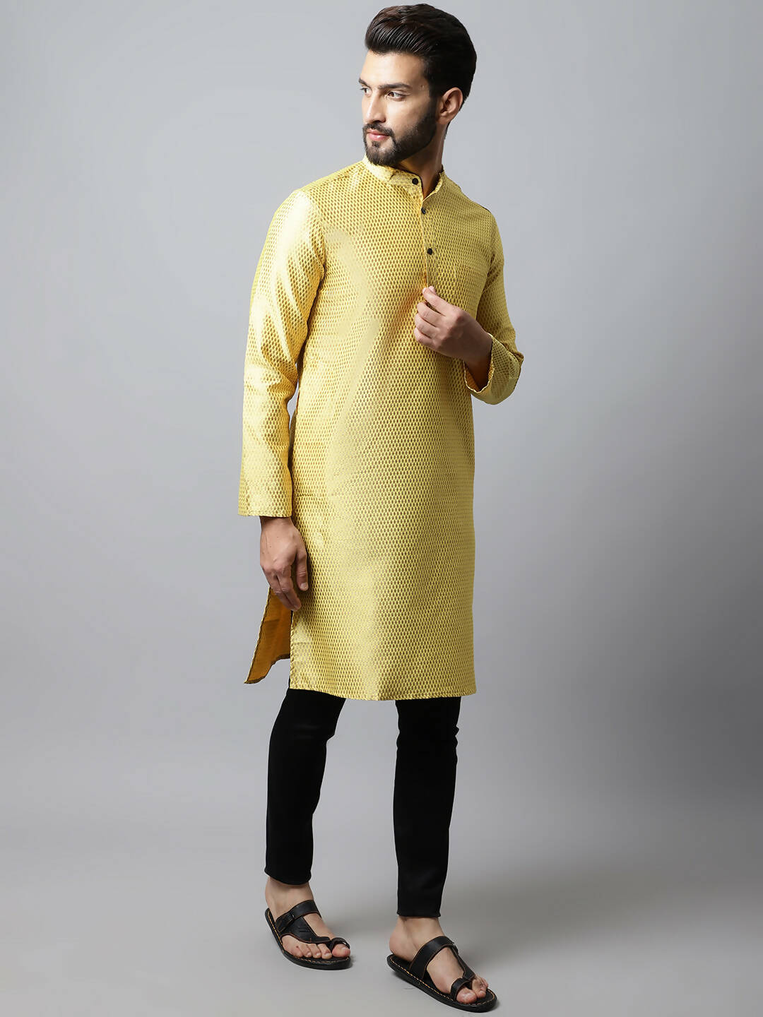 Even Apparels Yellow Color Art Silk Banarsi Silk Men's Kurta With Band Collar (BS017) - Distacart