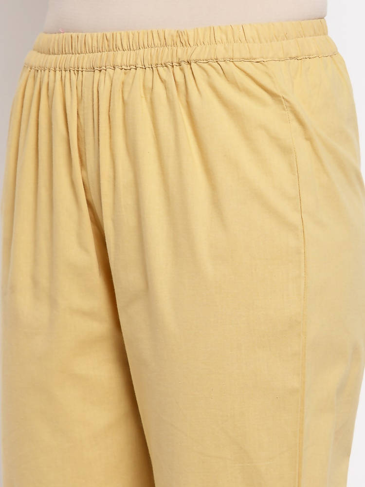 Myshka Women's Cream Cotton Solid Casual Trouser
