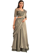 Thumbnail for Green Satin Embroidered Ready To Wear Saree With Unstitched Blouse Piece - Nandika - Distacart