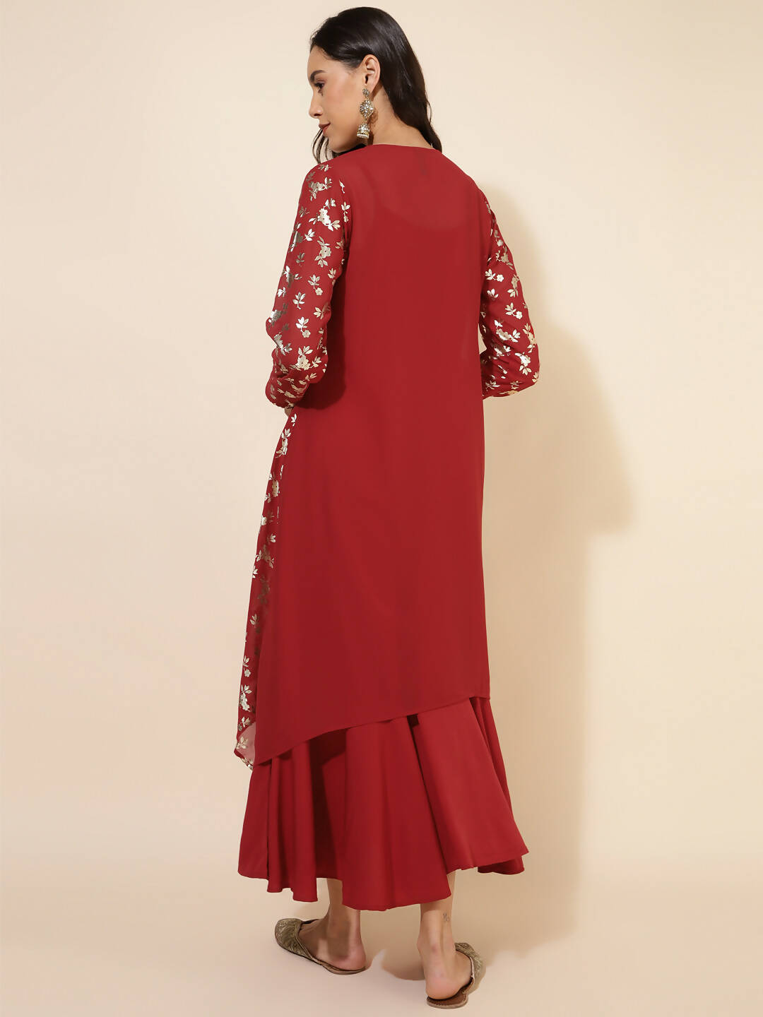 Janasya Women's Red Georgette Foil Printed Festive Flared Dress Set - Distacart