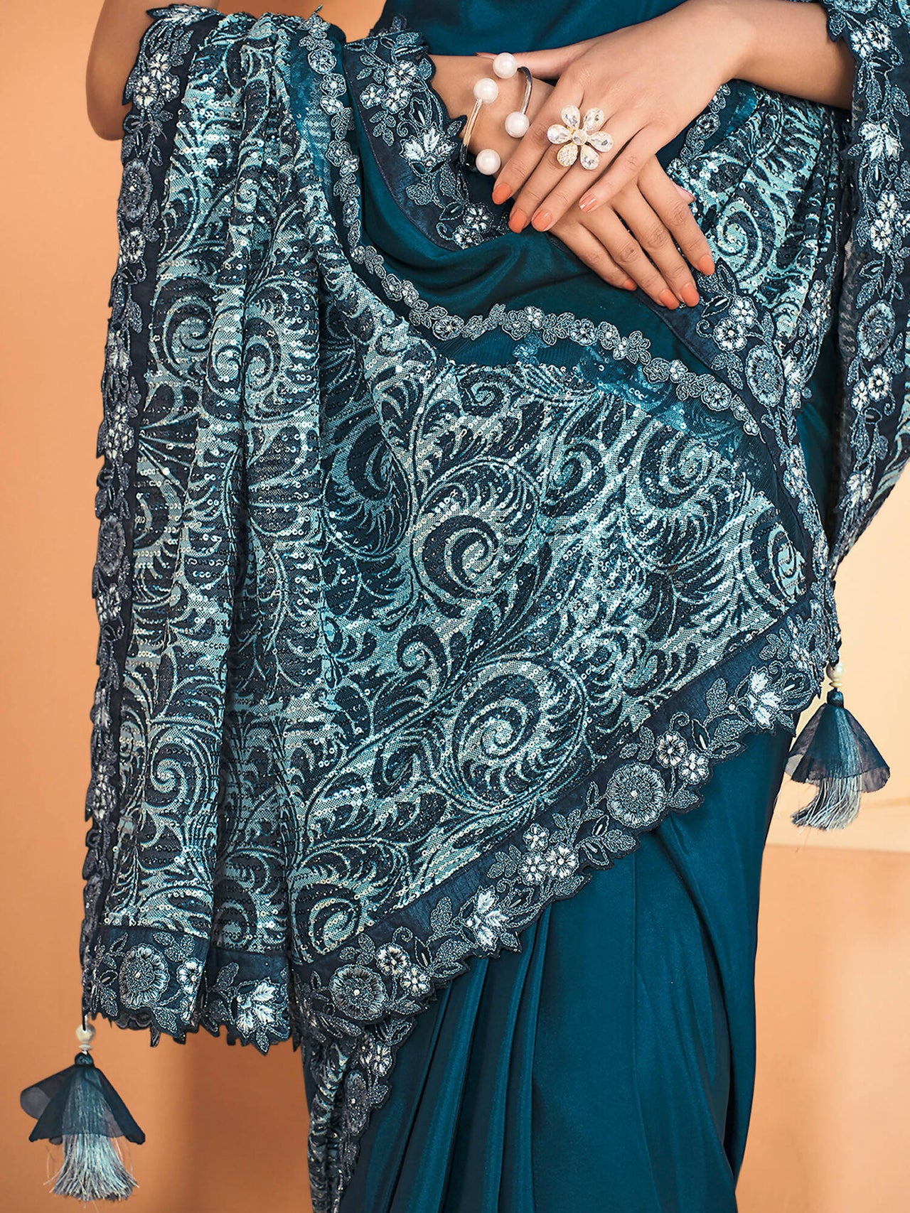 Teal Satin Crepe Silk Sequence Embroidered Saree With Unstitched Blouse - Mohmanthan Yavanika - Distacart
