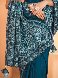 Thumbnail for Teal Satin Crepe Silk Sequence Embroidered Saree With Unstitched Blouse - Mohmanthan Yavanika - Distacart