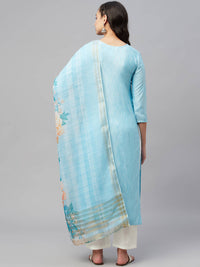 Thumbnail for Myshka Turquoise Embroidered 3/4 Sleeve Round Neck Kurta Pant Dupatta Set - Distacart
