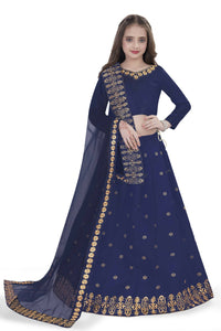 Thumbnail for Dwiden Navy Blue Queen Tafetta Sattin Semi-Stitched Girl's Lehenga Choli - Distacart