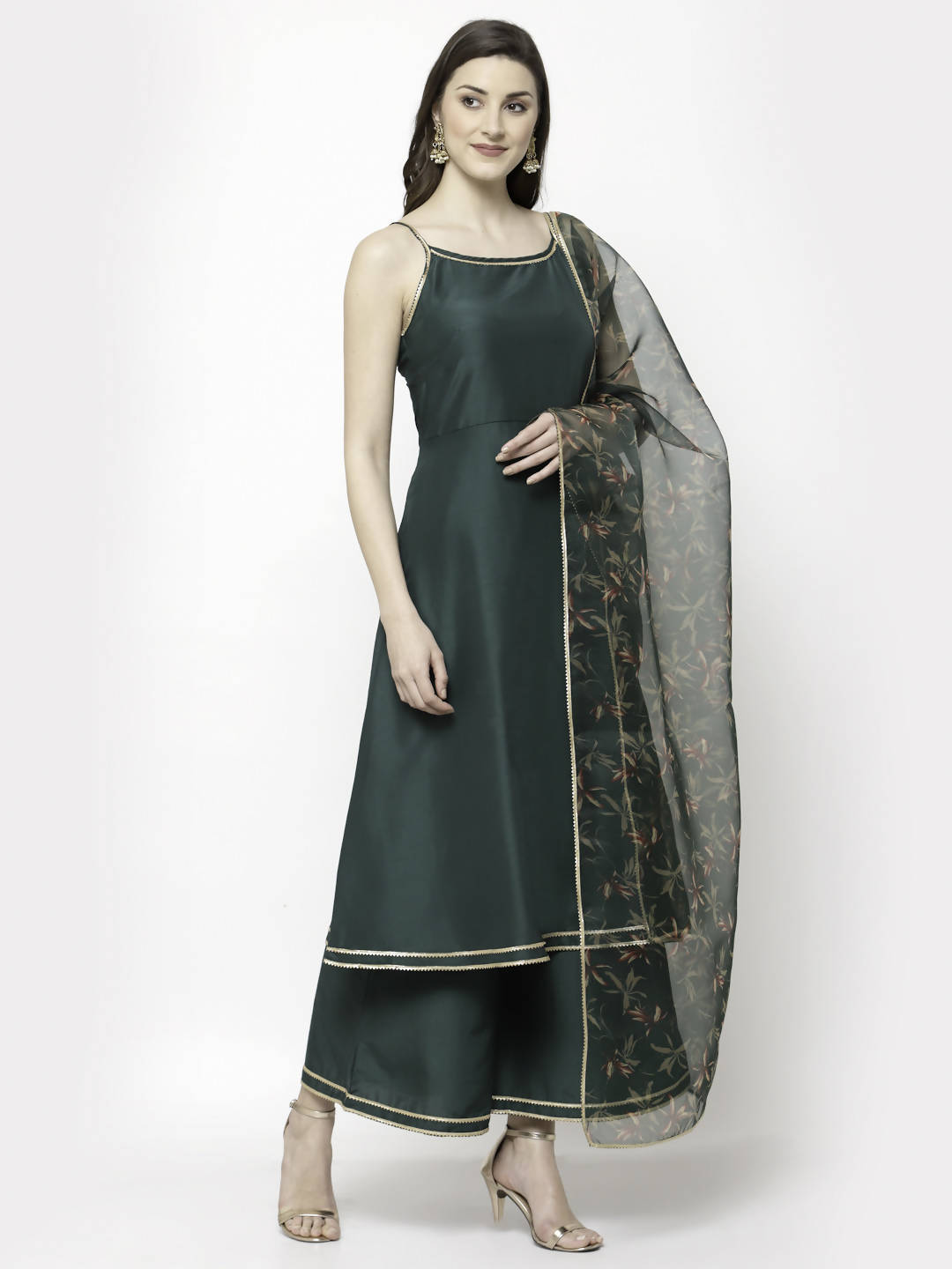 Myshka Dark Green Silk Blend Solid Sleeveless Round Neck Kurta Palazzo Dupatta Set