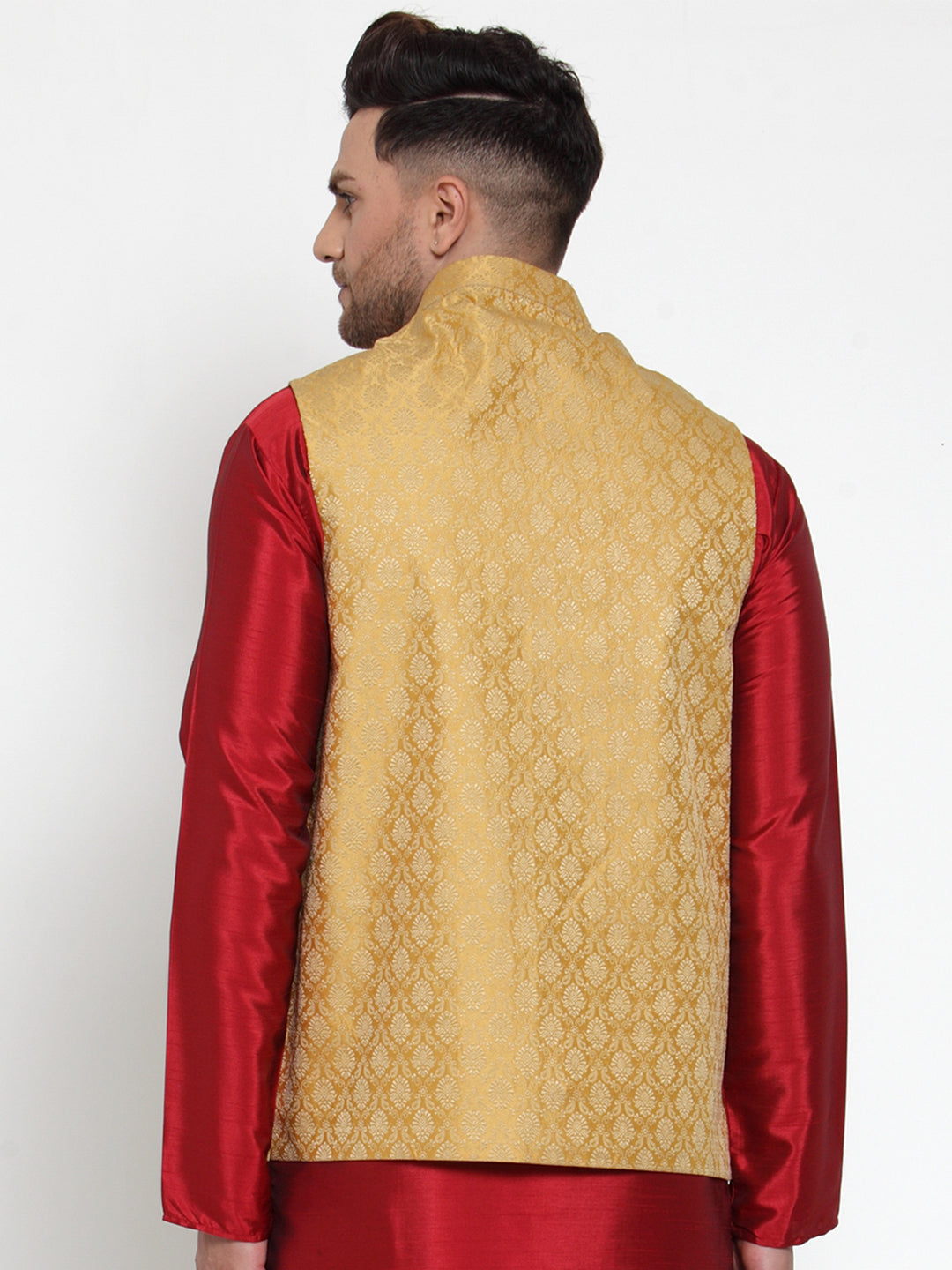 Jompers Men's Beautiful Gold Woven Jacquard Nehru Jacket