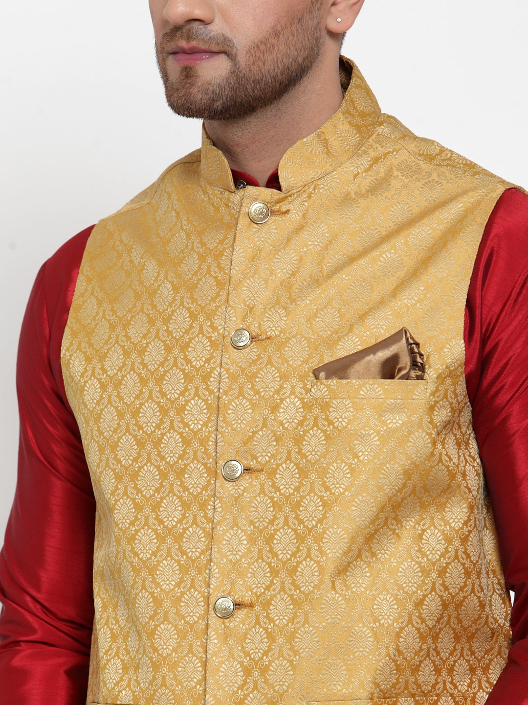 Jompers Men's Beautiful Gold Woven Jacquard Nehru Jacket