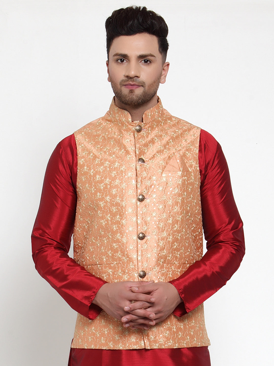 Jompers Men's Peach Embroidered Nehru Jacket