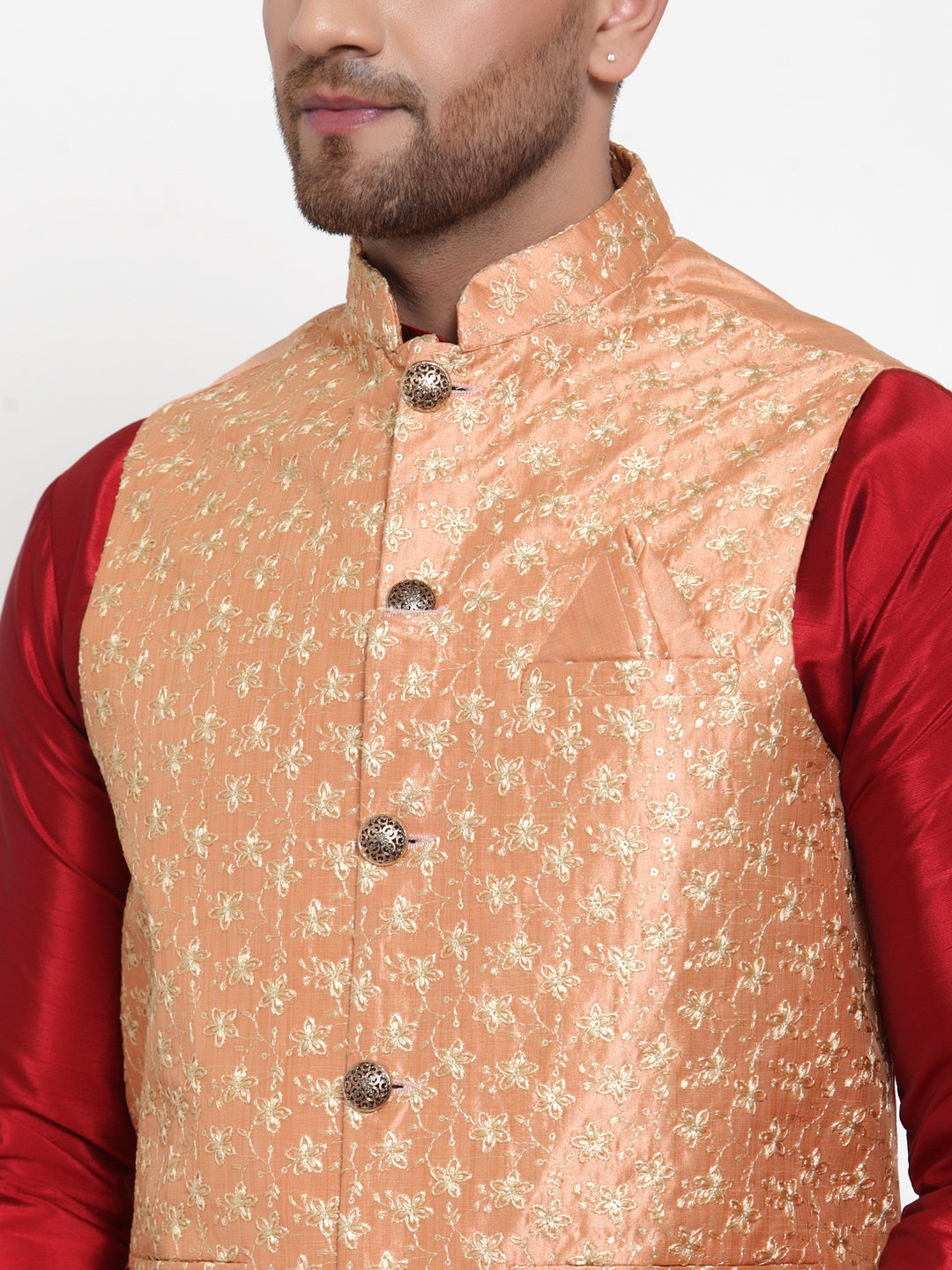 Jompers Men's Peach Embroidered Nehru Jacket