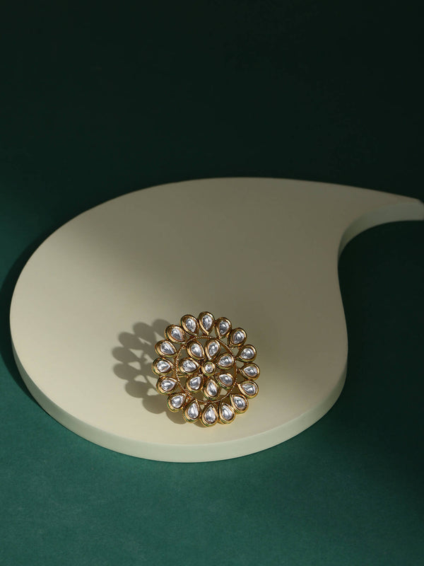 Gold-Plated White Kundan-Studded Adjustable Finger Ring - Ruby Raang - Distacart