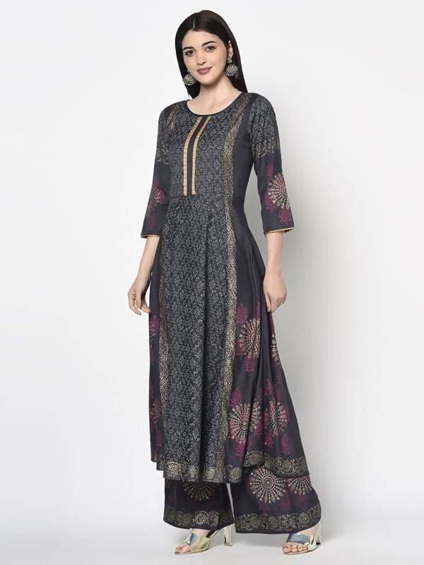 Aniyah Rayon Dark Grey Color Block Print Anarkali Palazzo Set (AN-199K)
