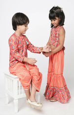 Thumbnail for Lil Drama Golden Weaves Orange Crop Top With Palazzo Co-Ordinate Set - Distacart