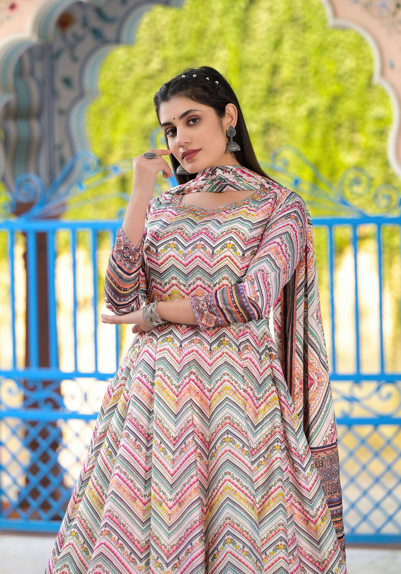 Functional Designer Off White-Muliti Dola Silk Anarkali suit with Dupatta - Ramya - Distacart