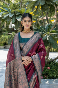 Thumbnail for Vishnu Weaves Women's Maroon Banarasi Silk Zari Woven Saree with Blouse - Distacart