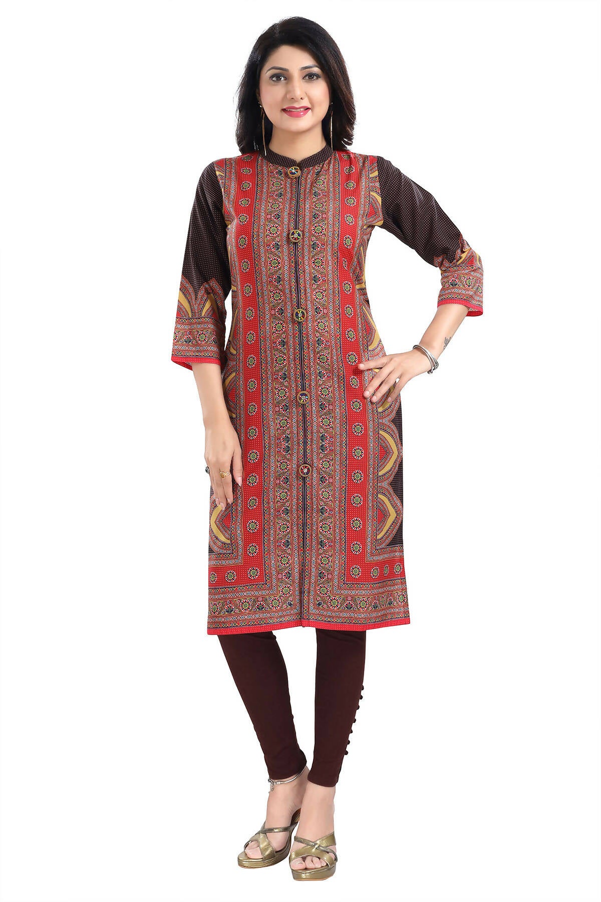 Snehal Creations Bombastic Brown Designer Digital Print Cotton Slub Fabric Long Kurti Tunic - Distacart