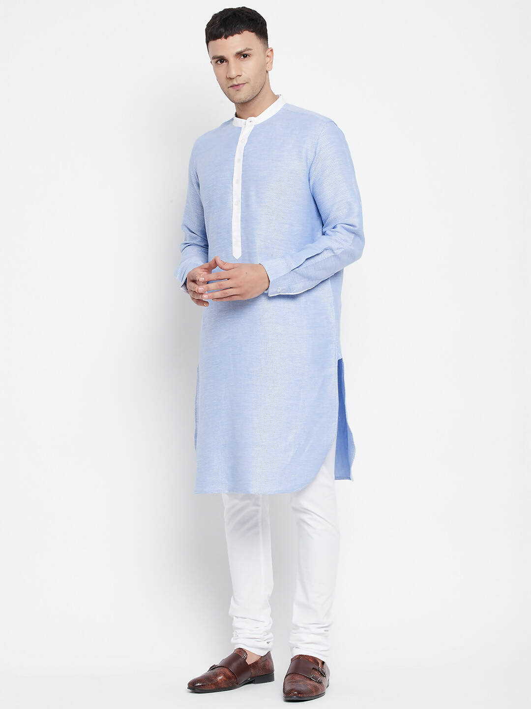 Even Apparels Blue Color Pure Cotton Men's Kurta With Contrast Collar And Placket - Distacart