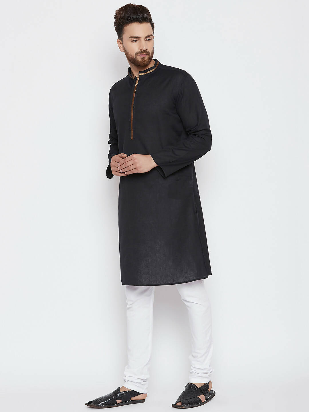 Even Apparels Black Color Pure Cotton Men's Kurta With Band Collar - Distacart