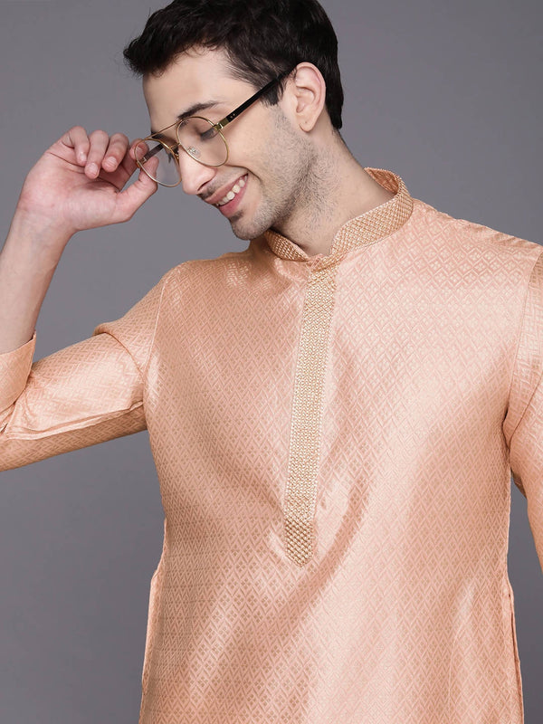 Manyavar Men Peach-Colored Regular Kurta with Pyjamas - Distacart