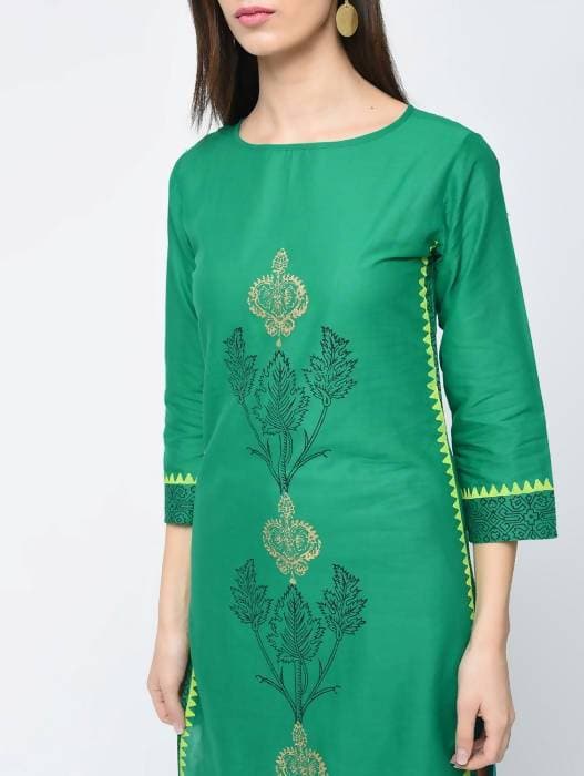 Aniyah Cotton Block Printed Turquoise Color Straight Kurta (AN-130K)
