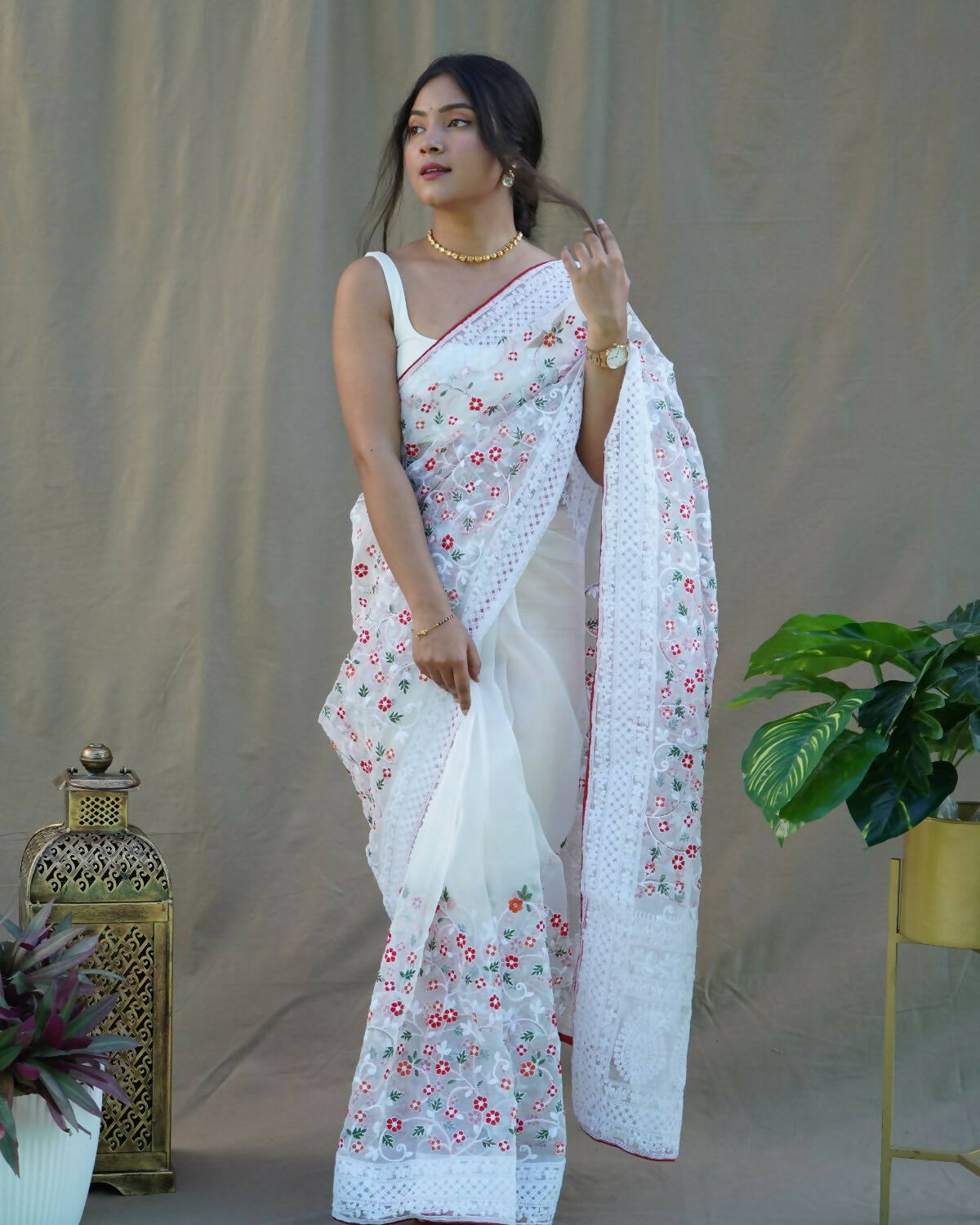 Vastrasky White Organza Saree - Distacart