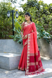 Thumbnail for Vishnu Weaves Women's Gajri Raw Silk Zari Woven Saree with Blouse - Distacart
