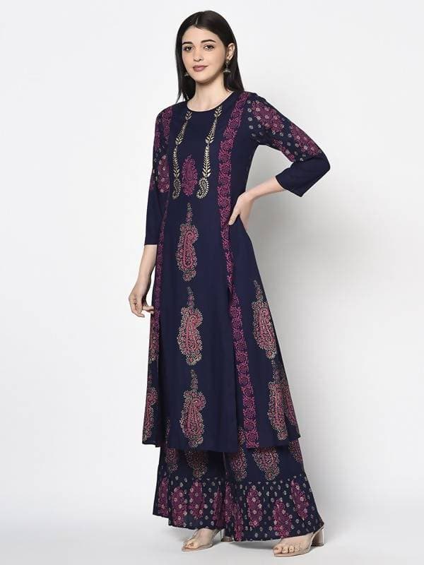 Aniyah Rayon Navy Blue Color Block Print A-line Flared Long Kurta With Two Front Slits (AN-215K)