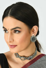 Thumbnail for Mominos Fashion Johar Kamal Oxidised Silver-Plated Mirror Design Necklace Choker Set For Women - Distacart