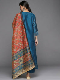 Thumbnail for Varanga Women Teal Blue & Silver Zari Yoke Straight Kurta with Trousers & With Dupatta - Distacart