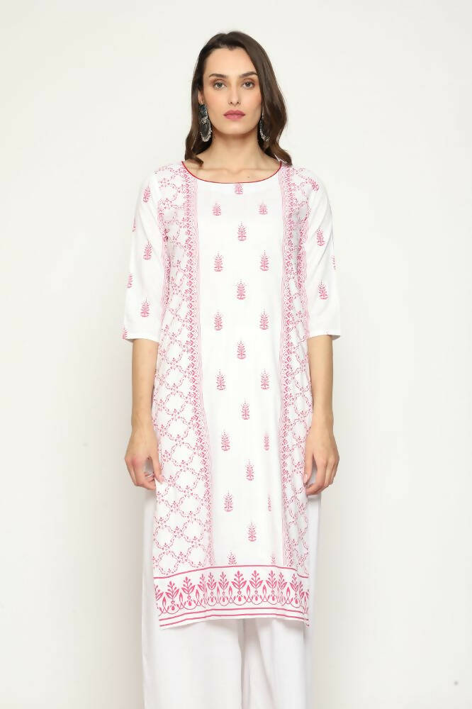Maai Rayon Hand Printed Kurta Off-White - Distacart