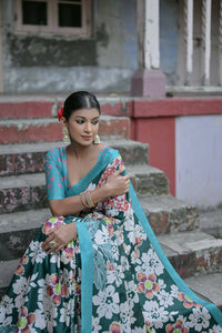 Thumbnail for Vishnu Weaves Women's Green Cotton Silk Printed Saree with Blouse - Distacart
