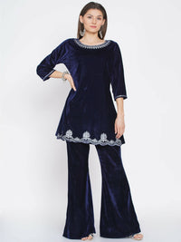 Thumbnail for Women Republic Navy Blue Velvet Embroidered Kurta With Bellbottom Pants - Distacart