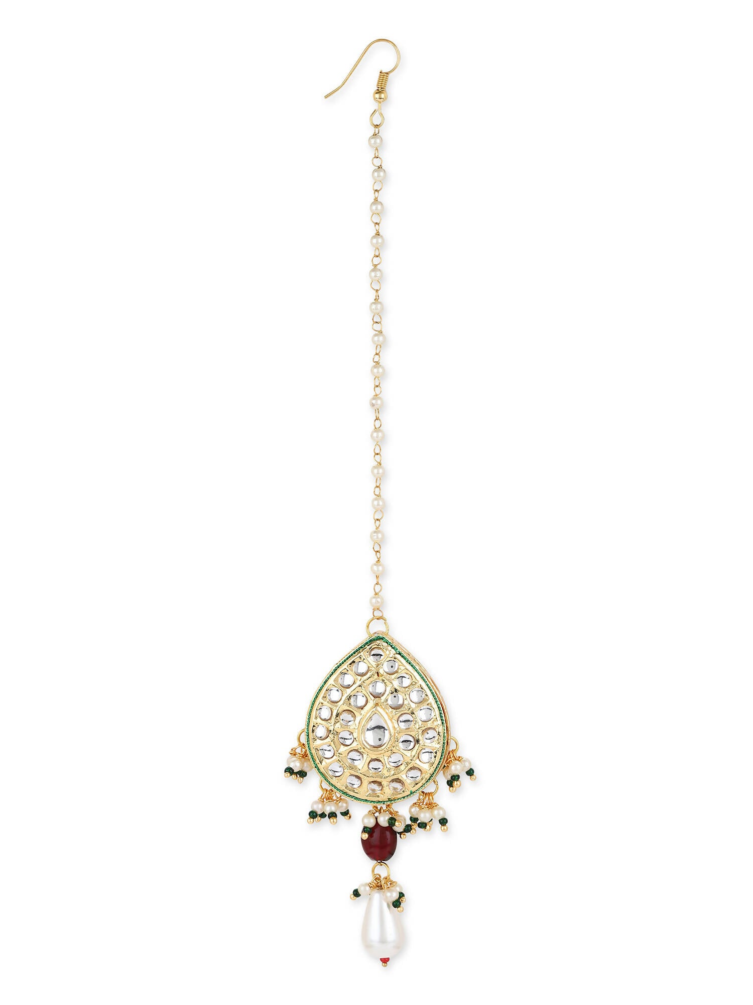 Gold-Plated White Green Kundan-Studded Pearl Beaded Maang Tikka - Ruby Raang - Distacart